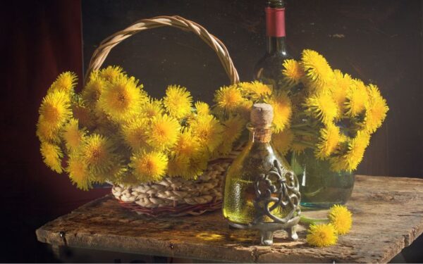 タンポポの花とワイン