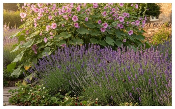 ウスベニアオイとラベンダー